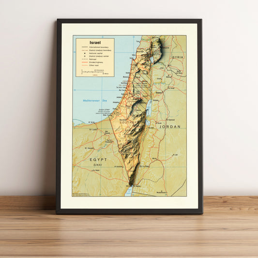 Israel vintage framed shaded relief map in black frame. Artistic print highlighting mountains with a realistic terrain effect