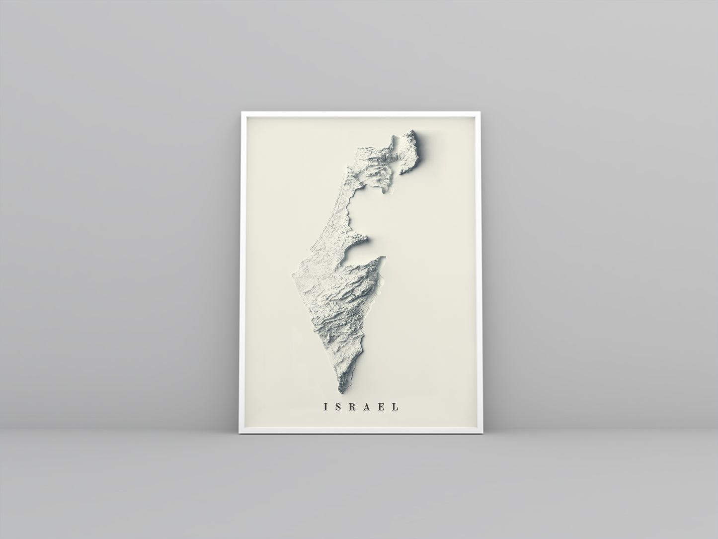 Israel framed shaded relief map in white frame. Artistic print highlighting mountains with a realistic 3d effect