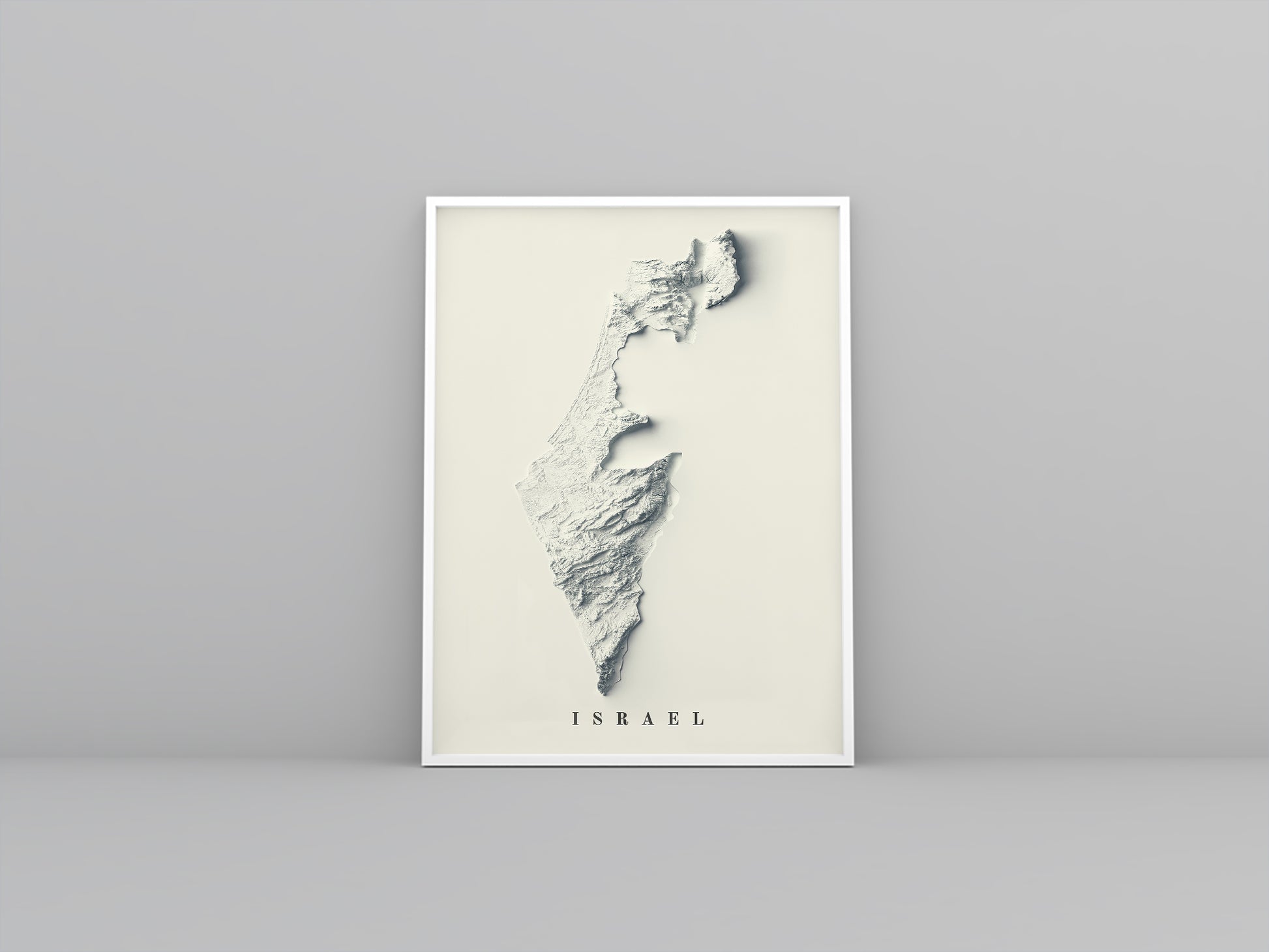 Israel framed shaded relief map in white frame. Artistic print highlighting mountains with a realistic 3d effect