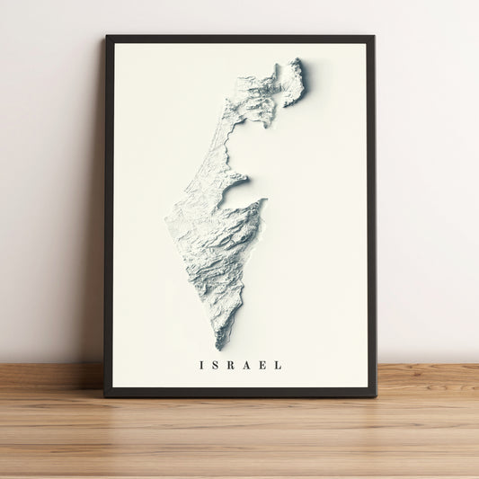 Israel framed shaded relief map in black frame. Artistic print highlighting mountains with a realistic terrain effect
