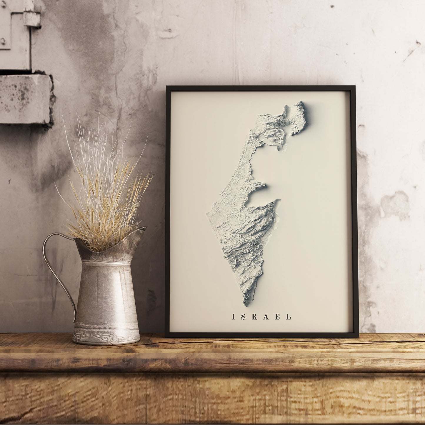 Israel shaded relief map in black frame. Realistic terrain art print for home decor, displayed on rustic wooden table