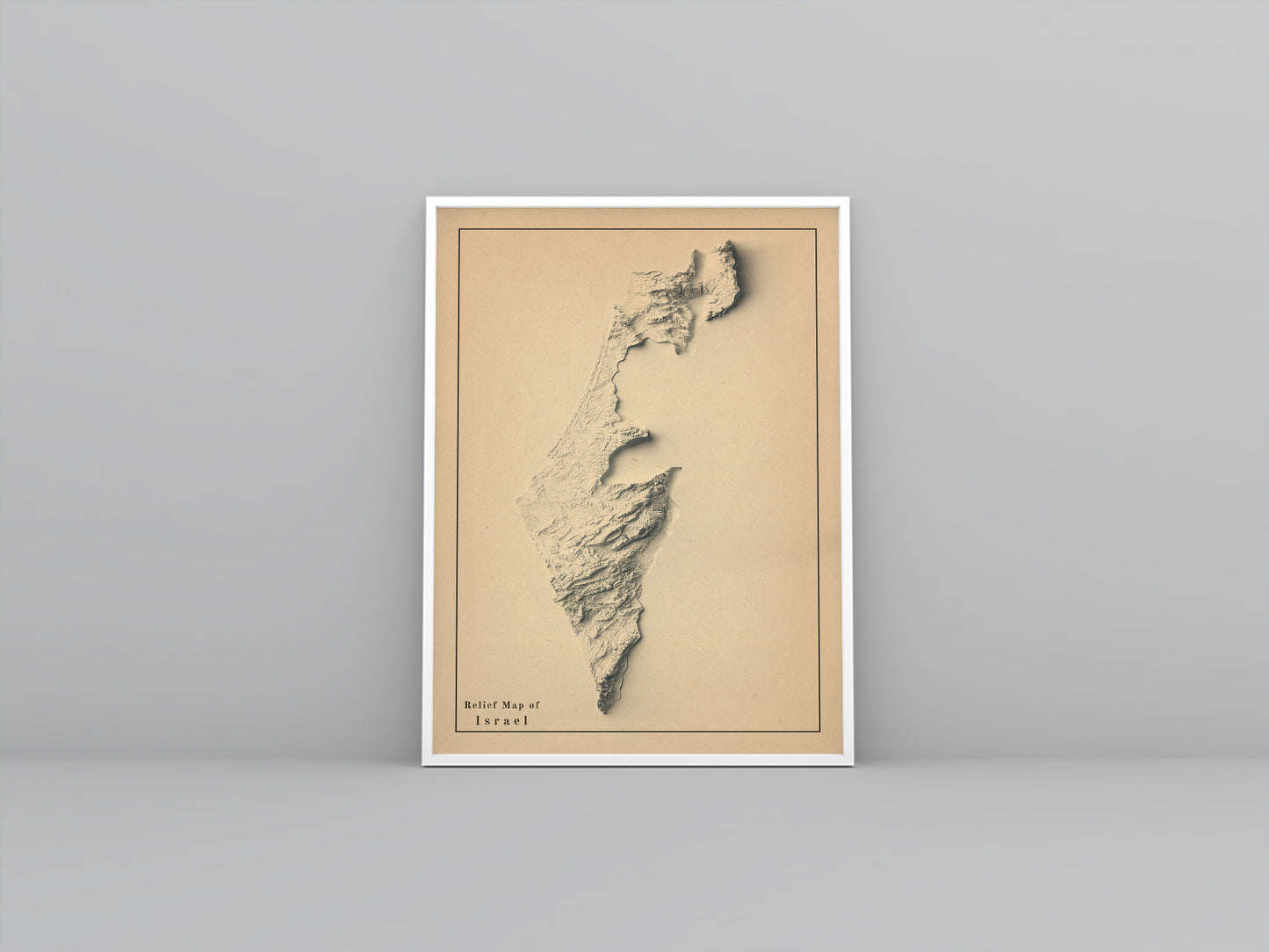 Israel vintage framed shaded relief map in white frame. Artistic print highlighting mountains with a realistic 3d effect