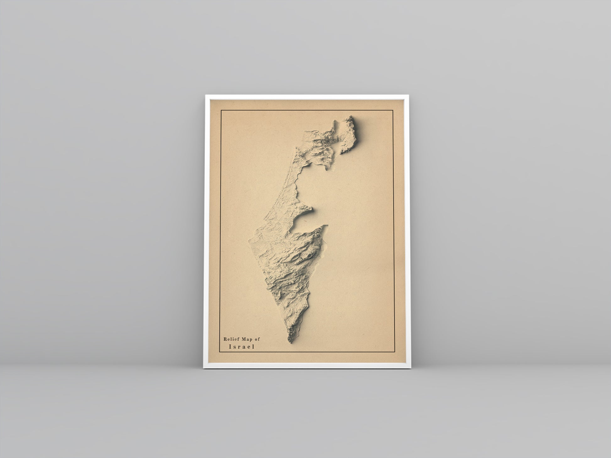 Israel vintage framed shaded relief map in white frame. Artistic print highlighting mountains with a realistic 3d effect