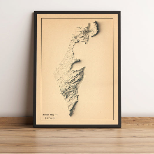 Israel vintage framed shaded relief map in black frame. Artistic print highlighting mountains with a realistic terrain effect