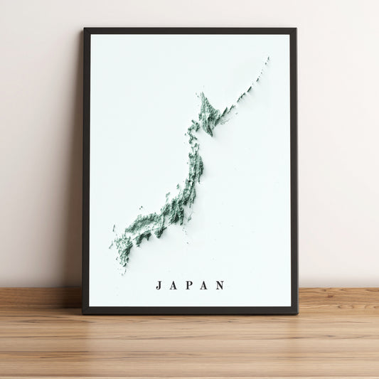 Japan framed shaded relief map in black frame. Artistic print highlighting mountains with a realistic terrain effect