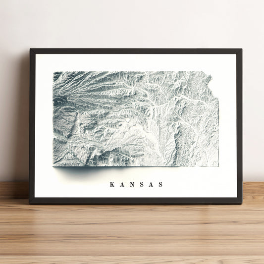 Kansas (USA) framed shaded relief map in black frame. Artistic print highlighting mountains with a realistic terrain effect