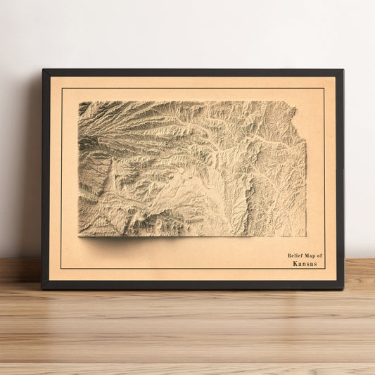 Kansas (USA) vintage framed shaded relief map in black frame. Artistic print highlighting mountains with a realistic terrain effect