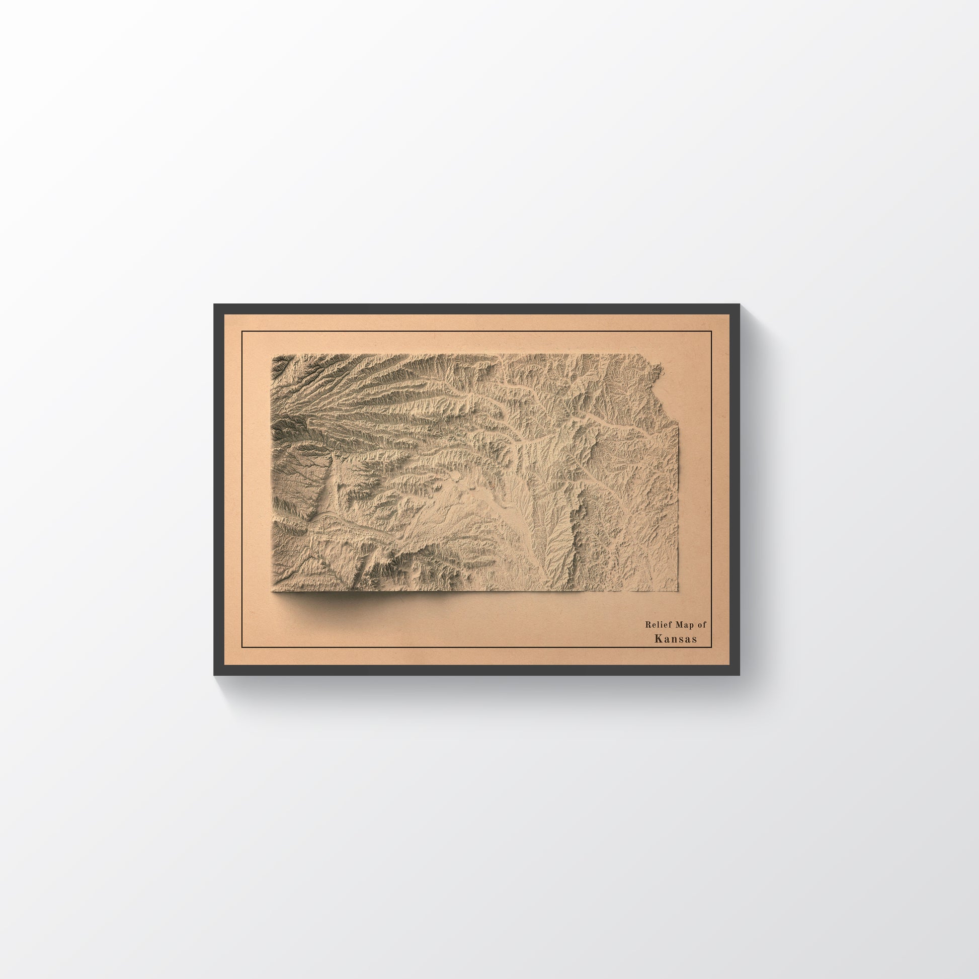 Kansas (USA) vintage framed shaded relief map in black frame. Artistic print highlighting mountains with a realistic terrain effect