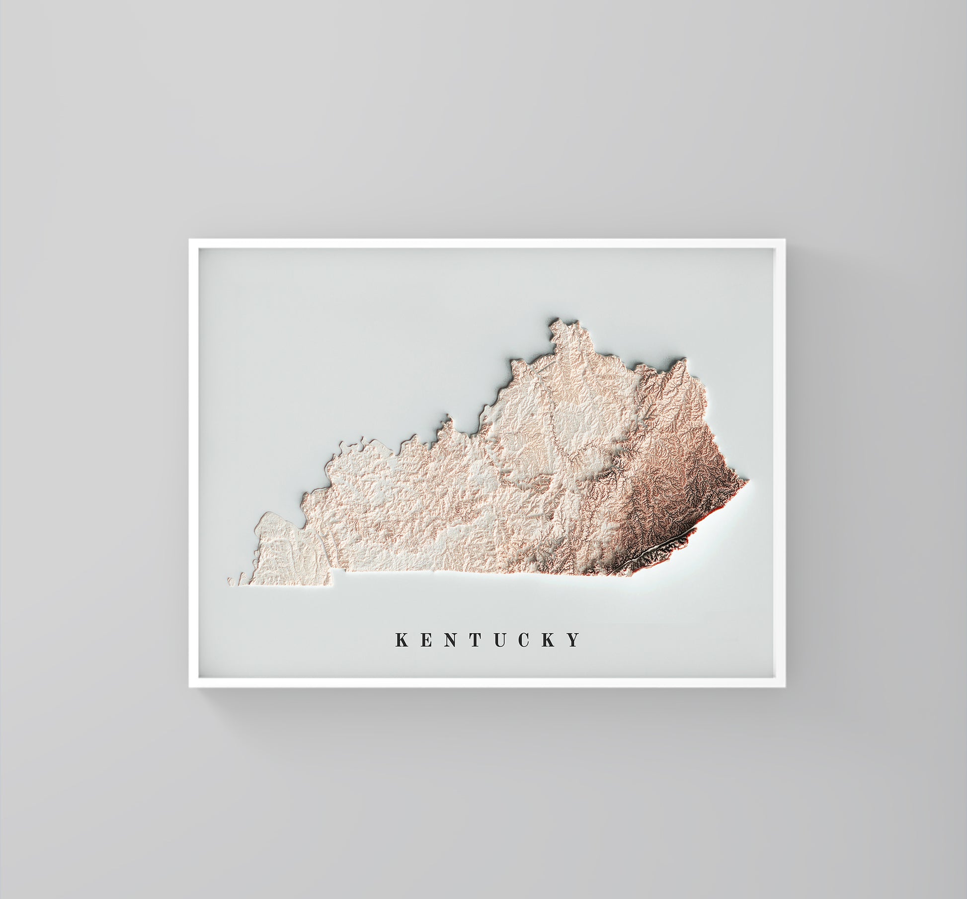 Kentucky (USA) framed shaded relief map in white frame. Artistic print highlighting mountains with a realistic 3d effect