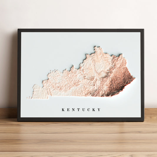 Kentucky (USA) framed shaded relief map in black frame. Artistic print highlighting mountains with a realistic terrain effect