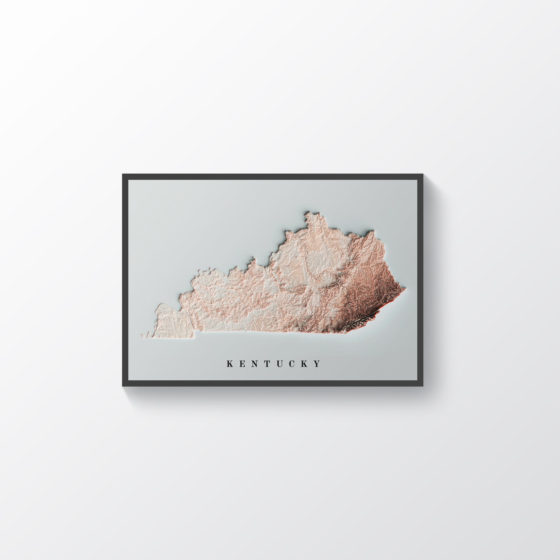 Kentucky (USA) vintage framed shaded relief map in black frame. Artistic print highlighting mountains with a realistic terrain effect