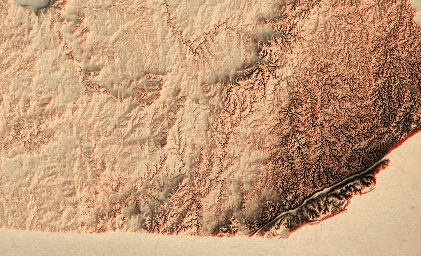 Detailed close-up of a vintage Kentucky (USA) relief map, showcasing textured topography and geographic contours