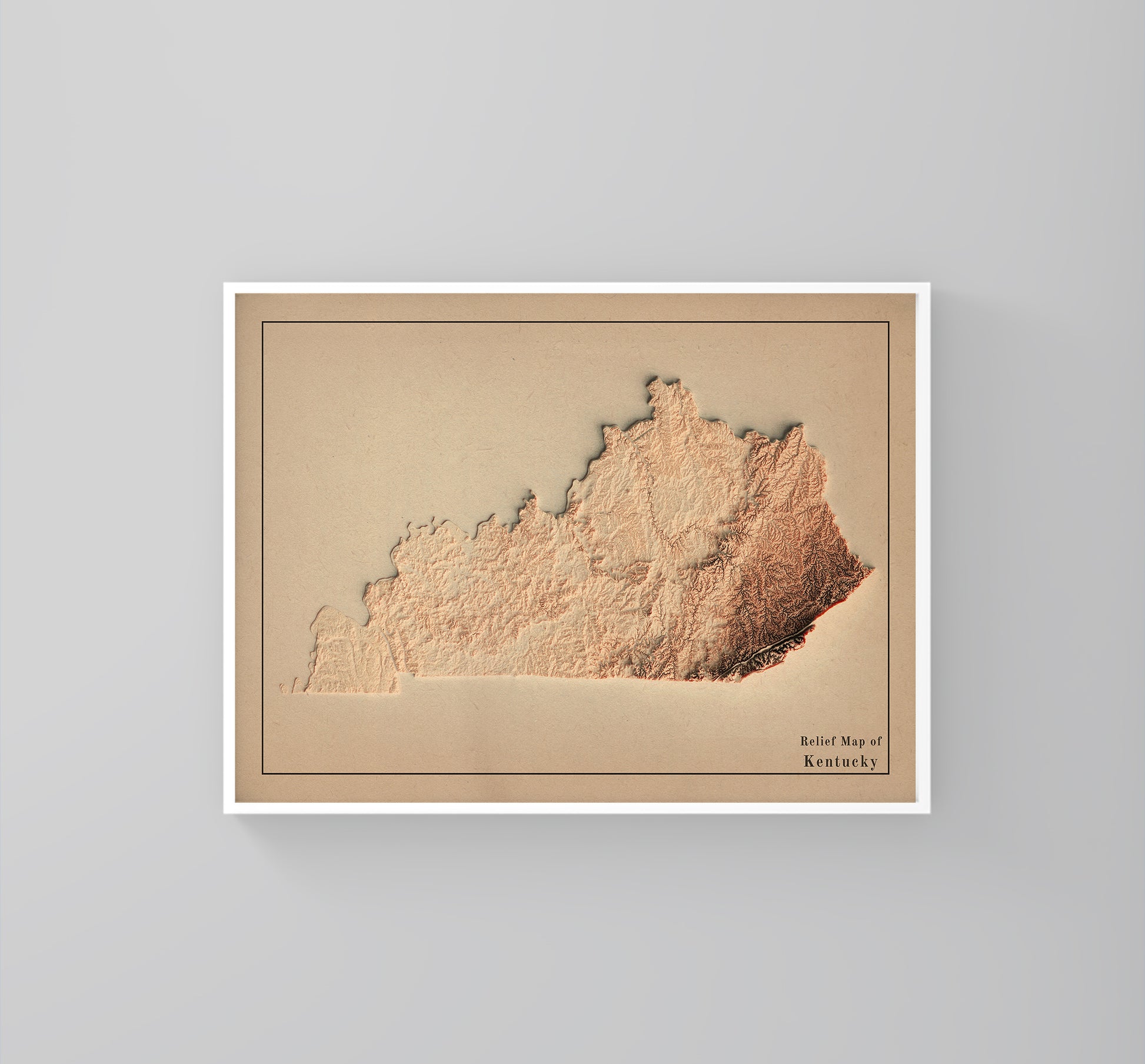 Kentucky (USA) vintage framed shaded relief map in white frame. Artistic print highlighting mountains with a realistic 3d effect