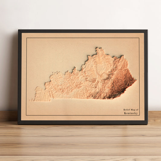 Kentucky (USA) vintage framed shaded relief map in black frame. Artistic print highlighting mountains with a realistic terrain effect