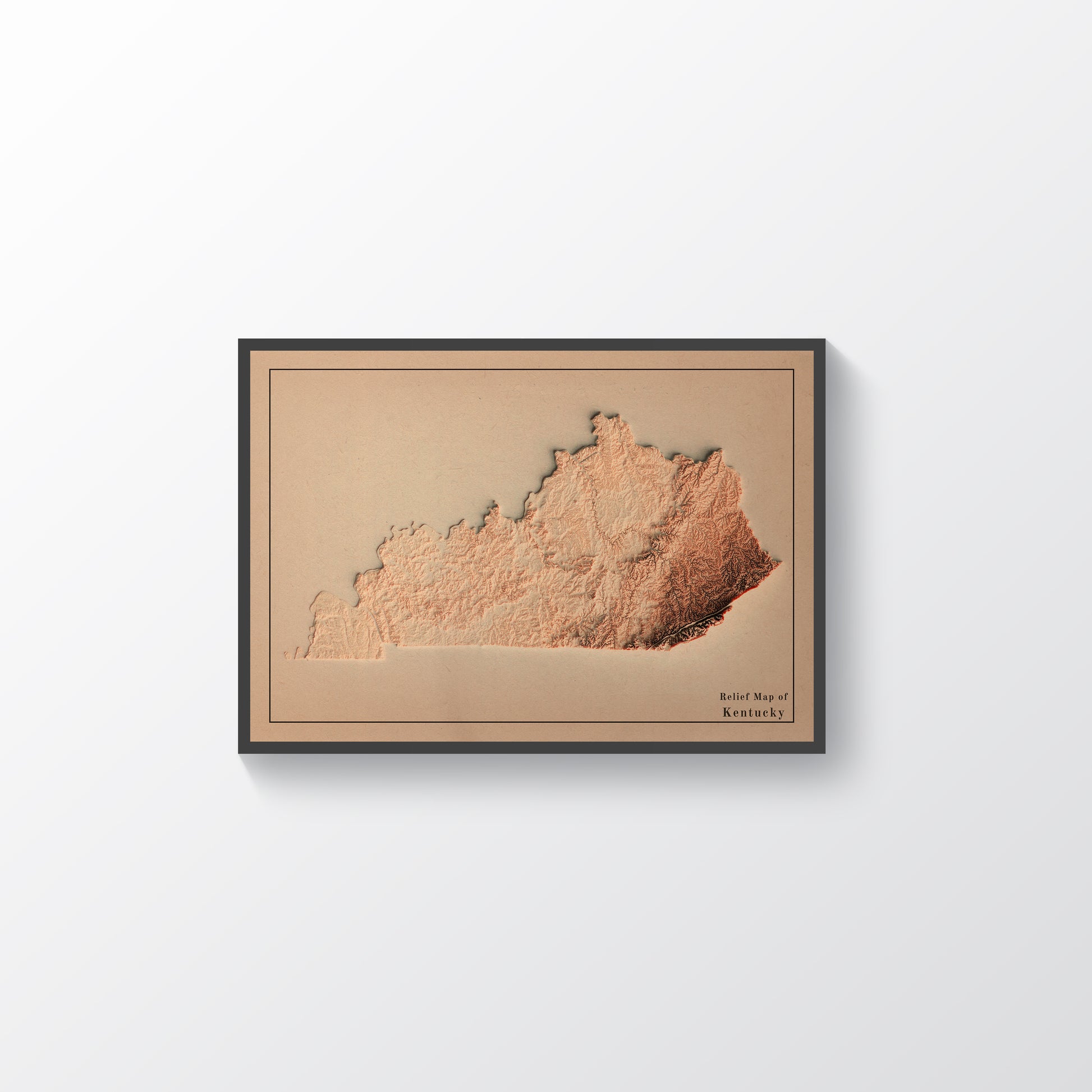 Kentucky (USA) vintage framed shaded relief map in black frame. Artistic print highlighting mountains with a realistic terrain effect