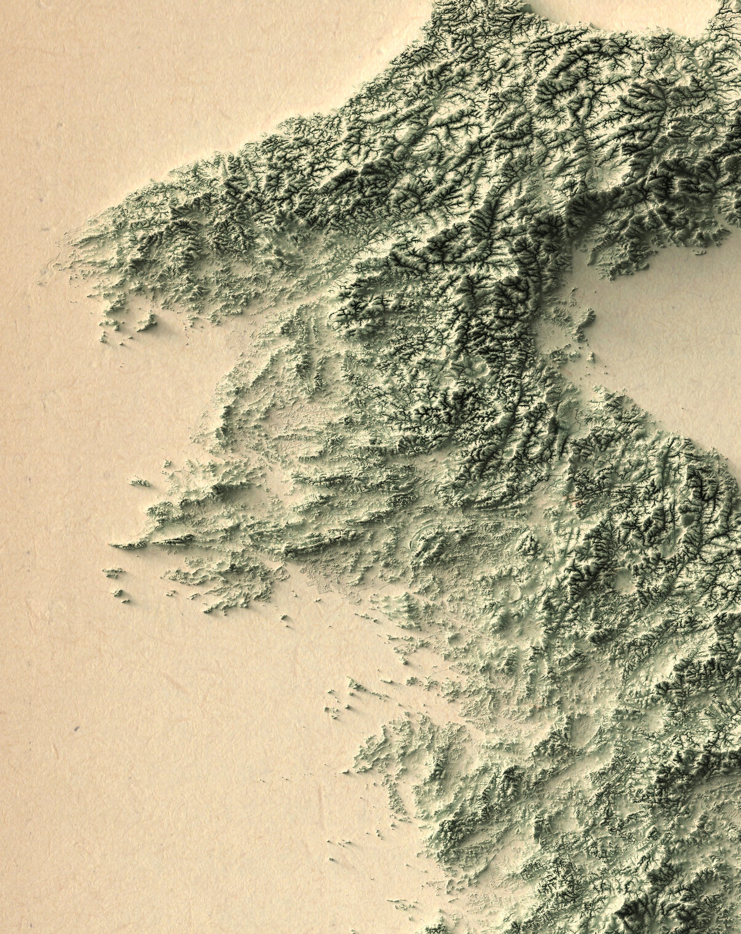 Detailed close-up of a vintage Koreas relief map, showcasing textured topography and geographic contours