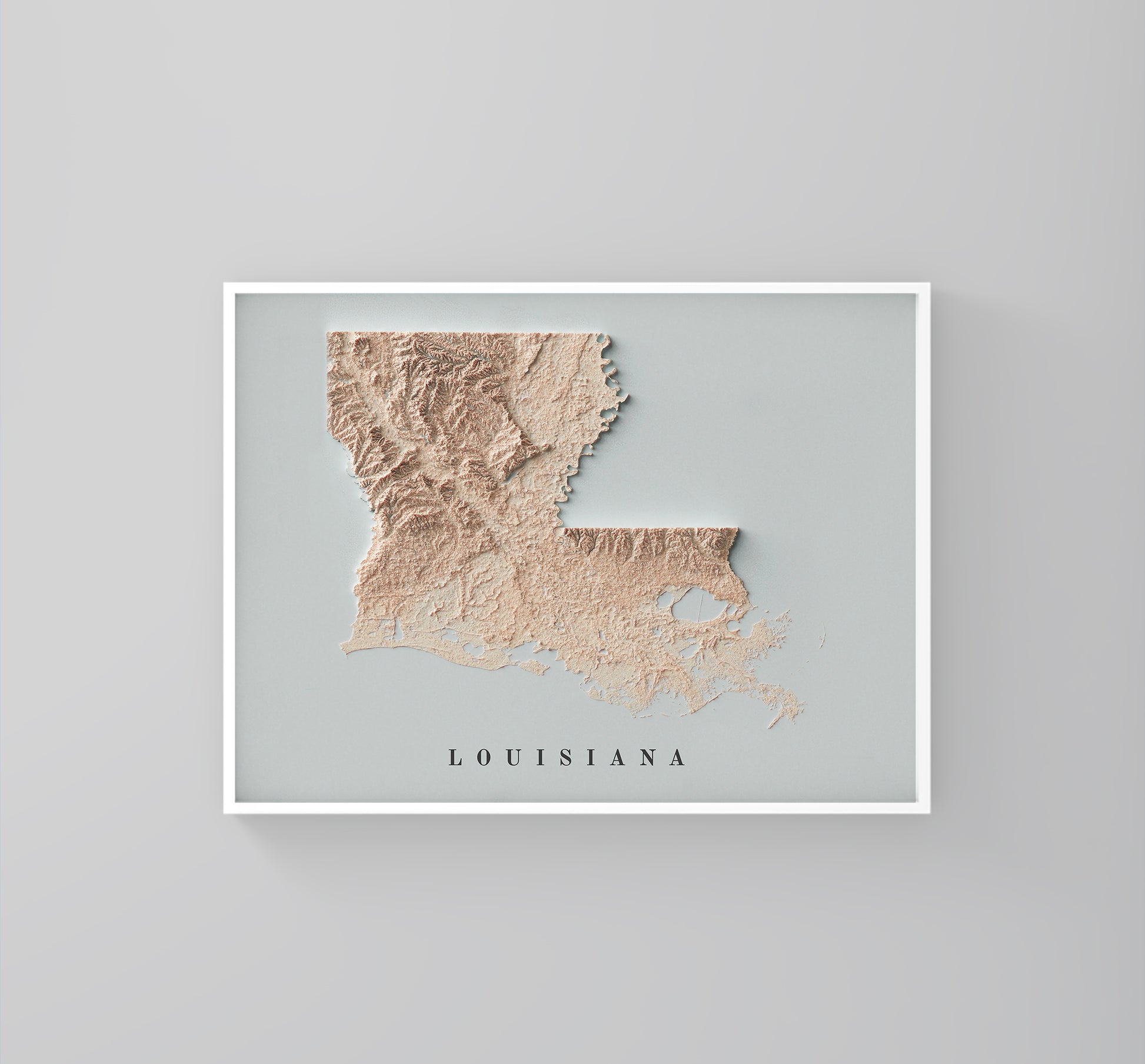 Louisiana (USA) framed shaded relief map in white frame. Artistic print highlighting mountains with a realistic 3d effect