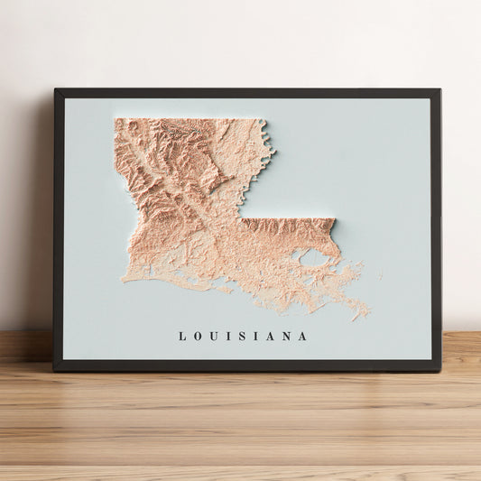 Louisiana (USA) framed shaded relief map in black frame. Artistic print highlighting mountains with a realistic terrain effect