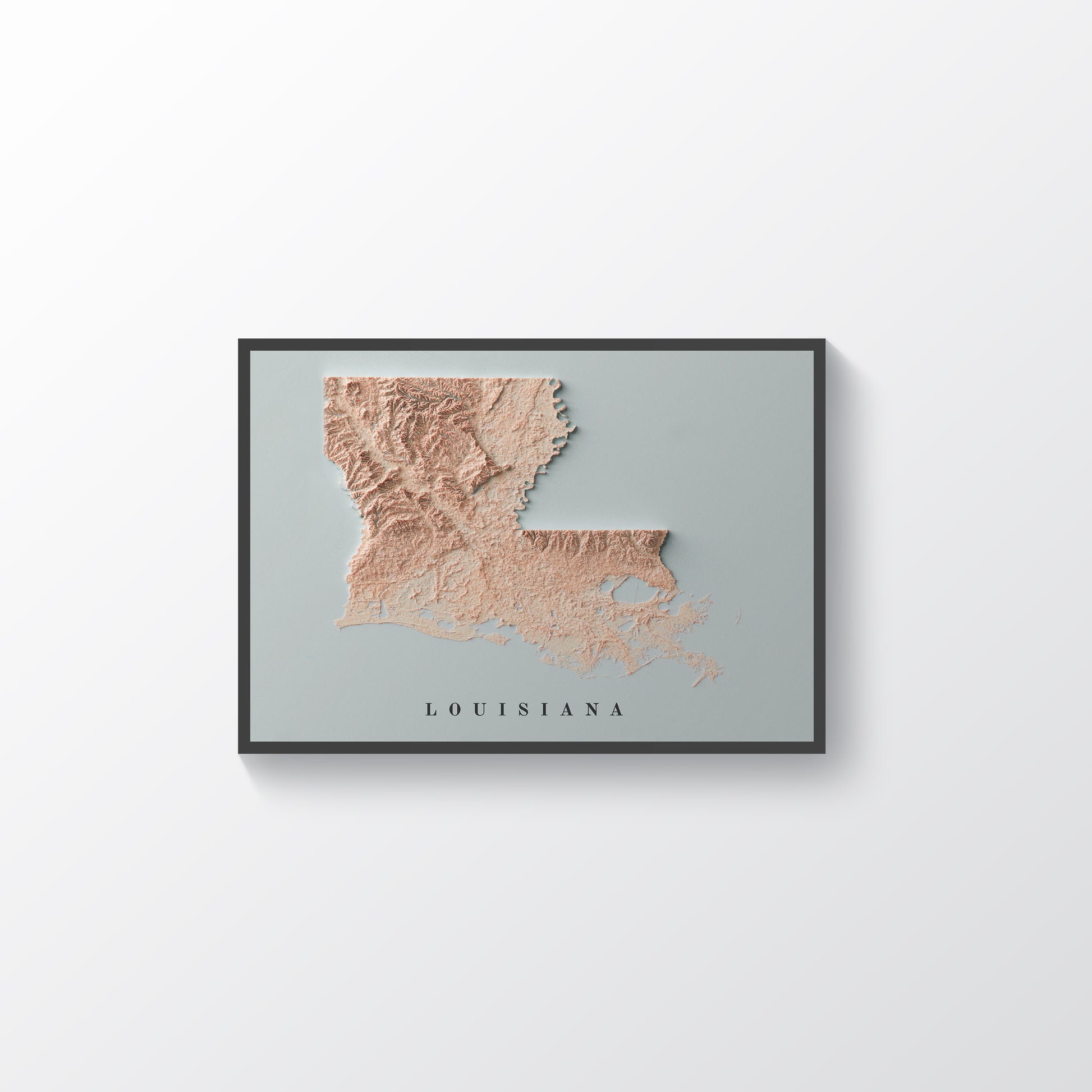 Louisiana (USA) vintage framed shaded relief map in black frame. Artistic print highlighting mountains with a realistic terrain effect