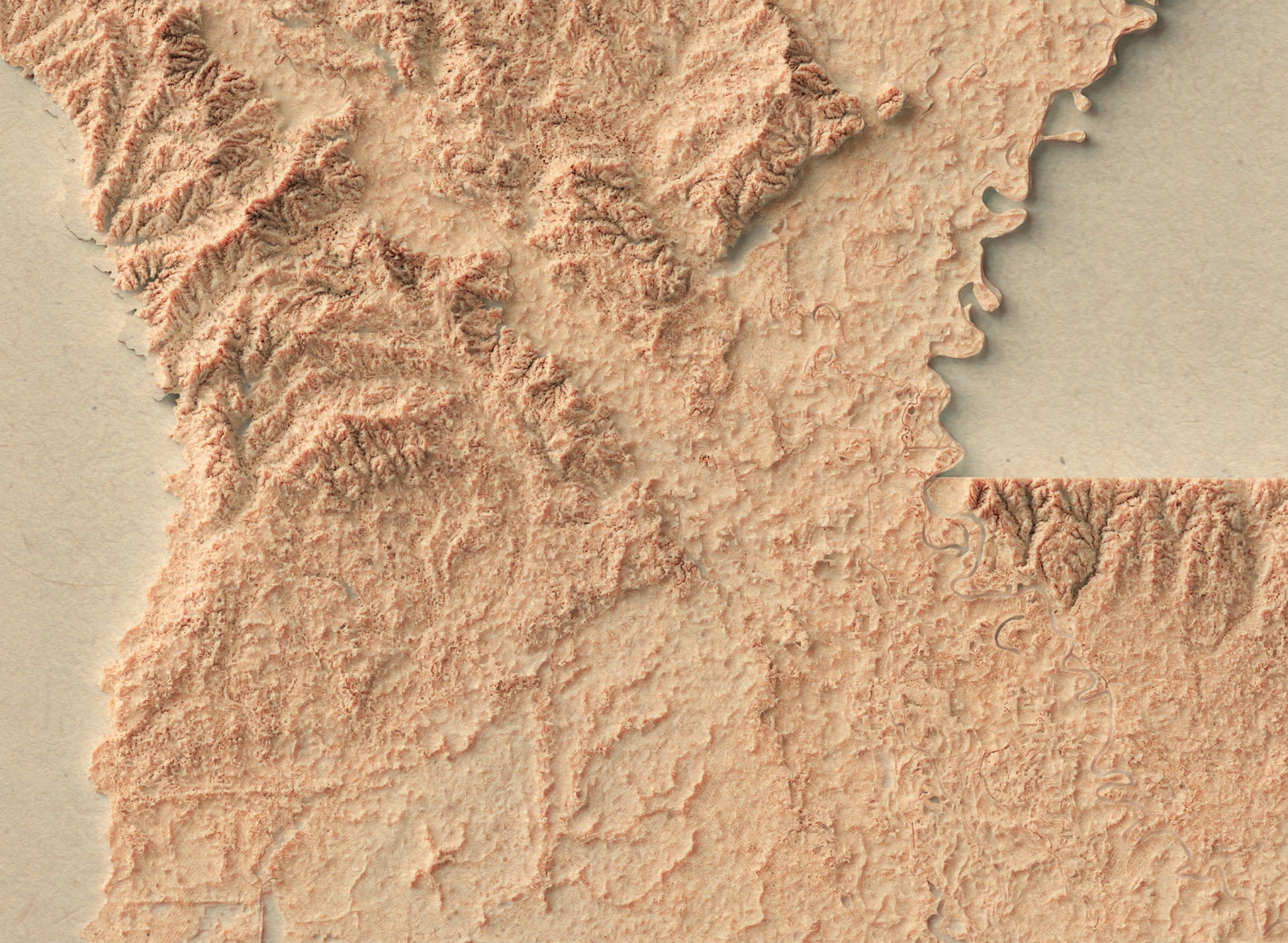 Detailed close-up of a vintage Louisiana (USA) relief map, showcasing textured topography and geographic contours