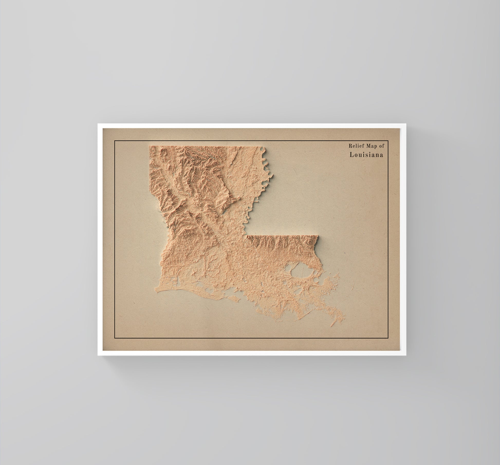 Louisiana (USA) vintage framed shaded relief map in white frame. Artistic print highlighting mountains with a realistic 3d effect