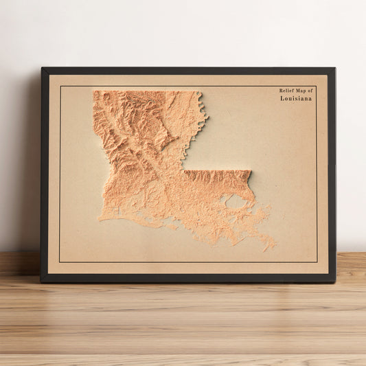 Louisiana (USA) vintage framed shaded relief map in black frame. Artistic print highlighting mountains with a realistic terrain effect