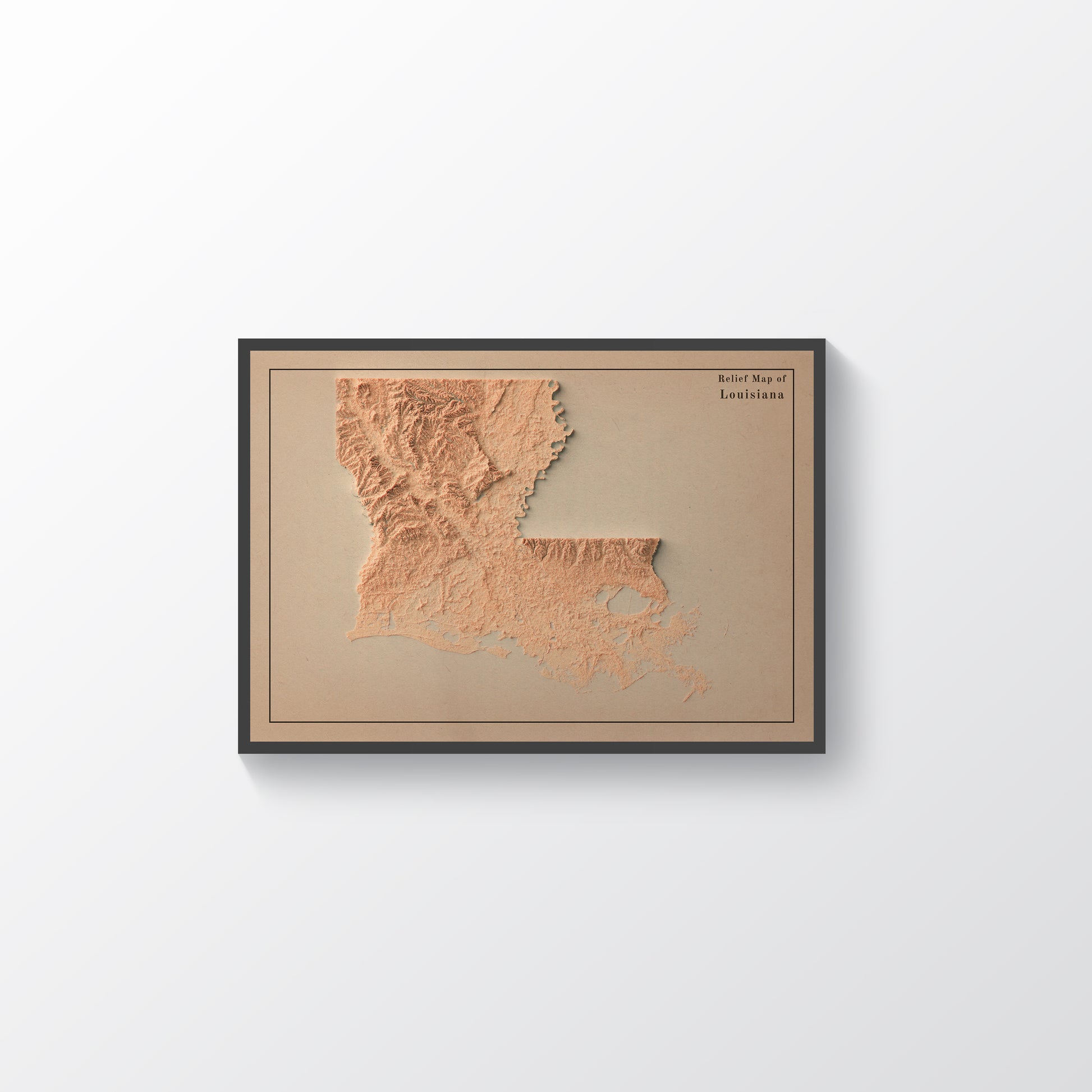Louisiana (USA) vintage framed shaded relief map in black frame. Artistic print highlighting mountains with a realistic terrain effect