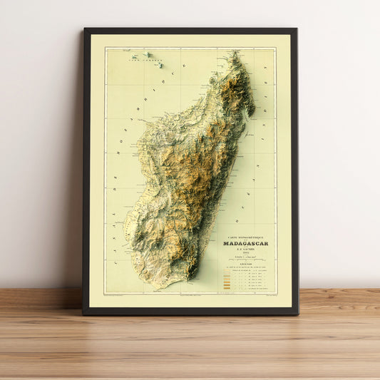 Madagascar vintage framed shaded relief map in black frame. Artistic print highlighting mountains with a realistic terrain effect