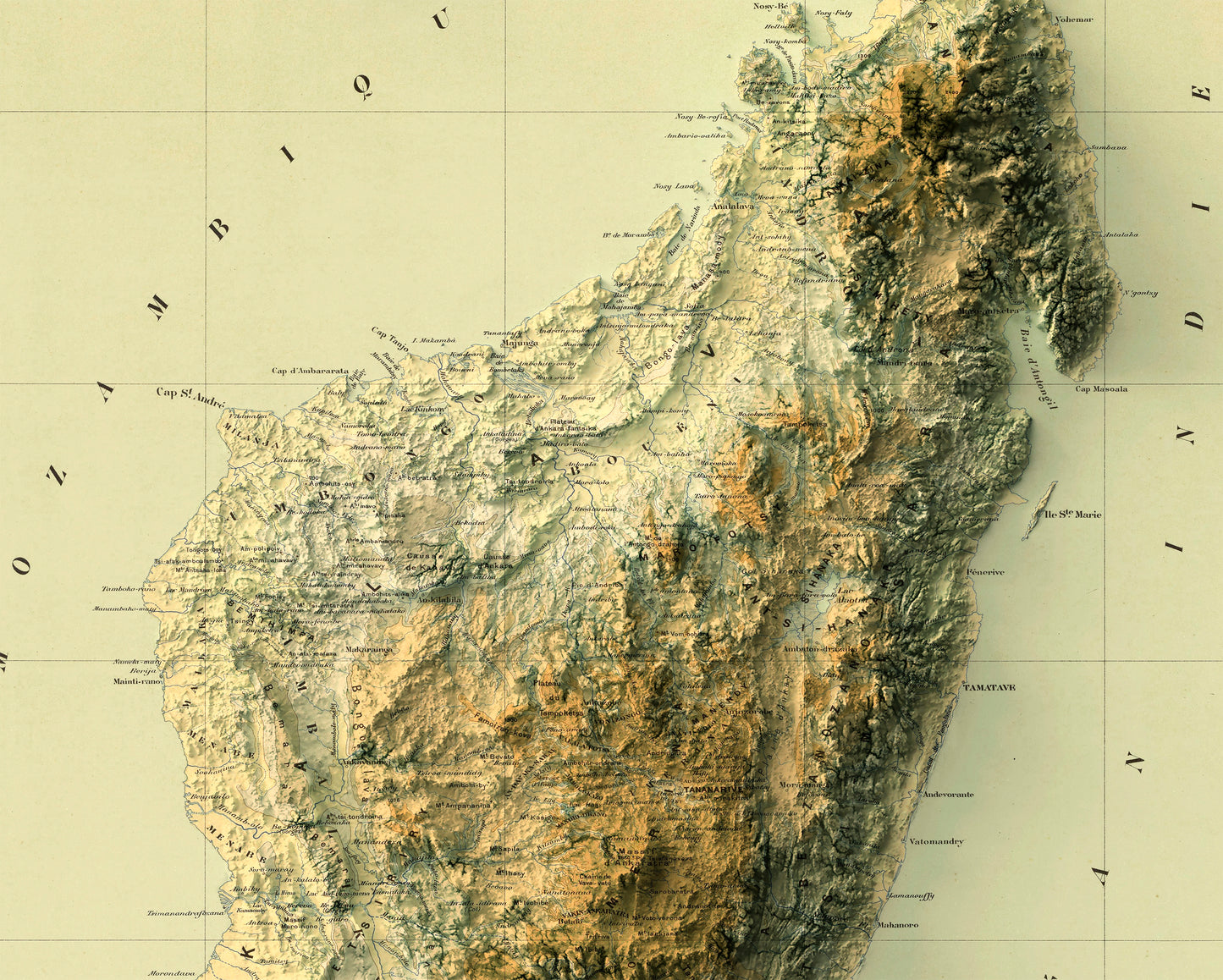 Detailed close-up of a vintage Madagascar relief map, showcasing textured topography and geographic contours