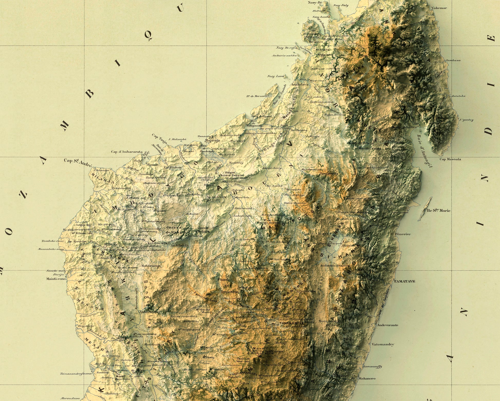 Detailed close-up of a vintage Madagascar relief map, showcasing textured topography and geographic contours