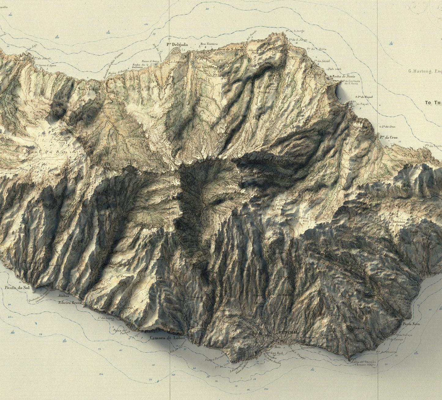 Detailed close-up of a vintage Madeira Island (Portugal) relief map, showcasing textured topography and geographic contours