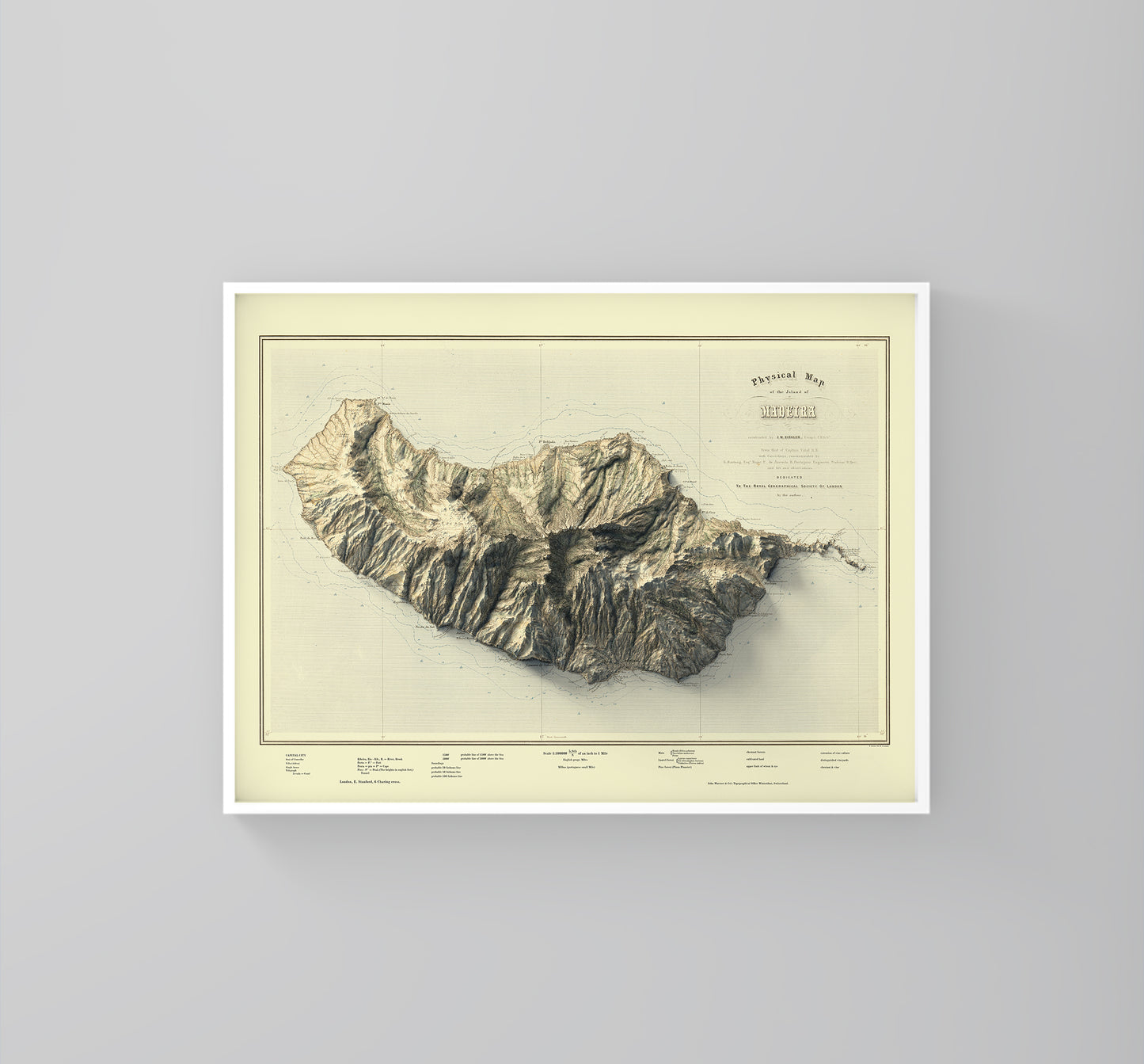 Madeira Island (Portugal) vintage framed shaded relief map in white frame. Artistic print highlighting mountains with a realistic 3d effect