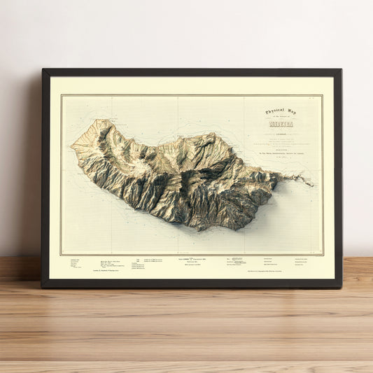 Madeira Island (Portugal) vintage framed shaded relief map in black frame. Artistic print highlighting mountains with a realistic terrain effect