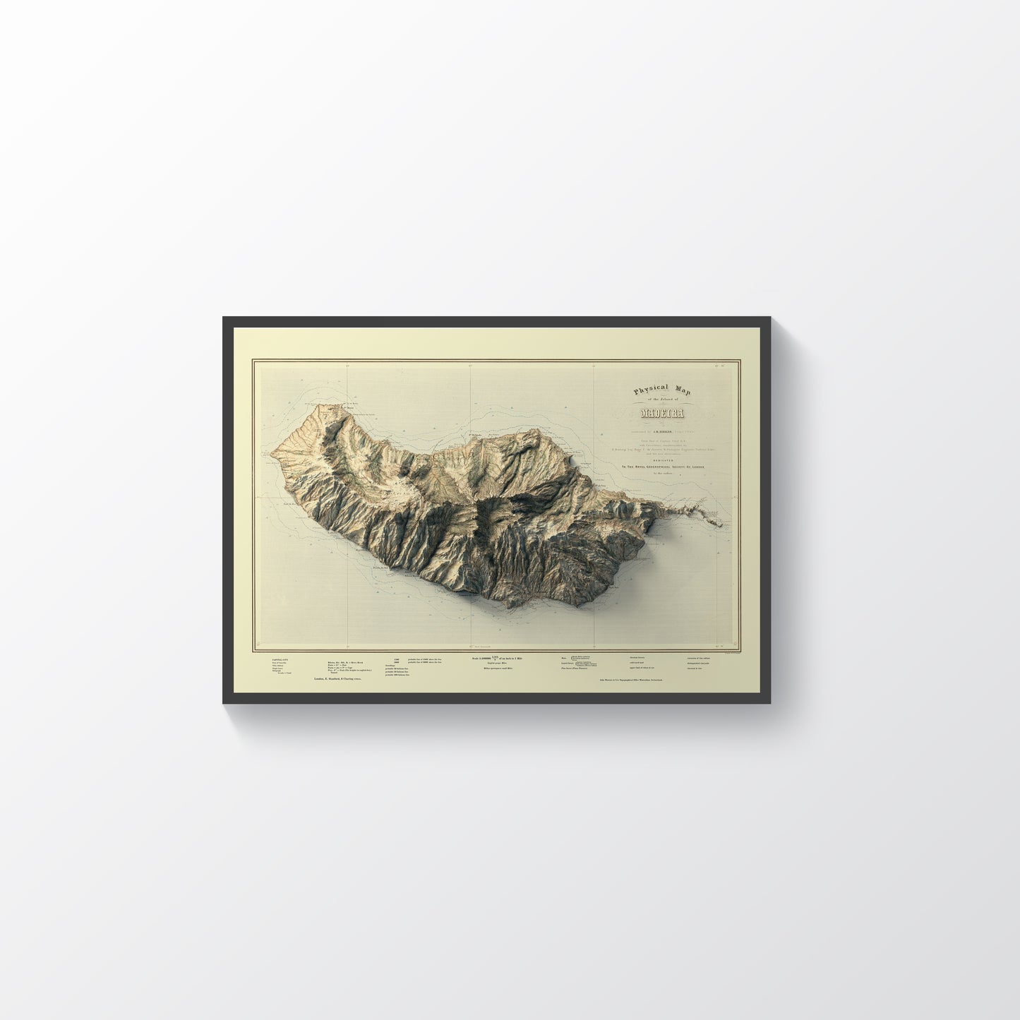 Madeira Island (Portugal) vintage framed shaded relief map in black frame. Artistic print highlighting mountains with a realistic terrain effect