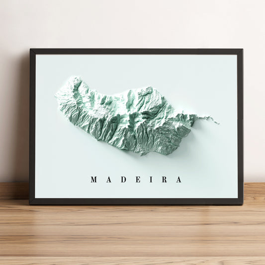 Madeira Island (Portugal) framed shaded relief map in black frame. Artistic print highlighting mountains with a realistic terrain effect