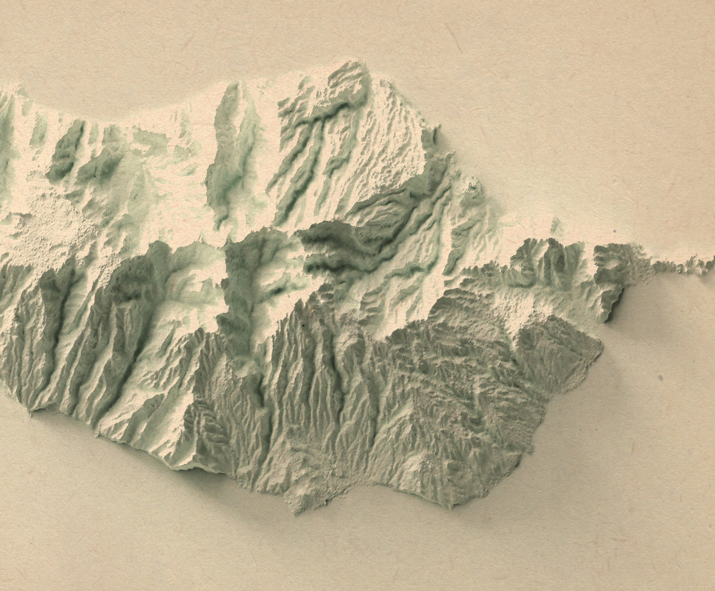Detailed close-up of a vintage Madeira Island (Portugal) relief map, showcasing textured topography and geographic contours