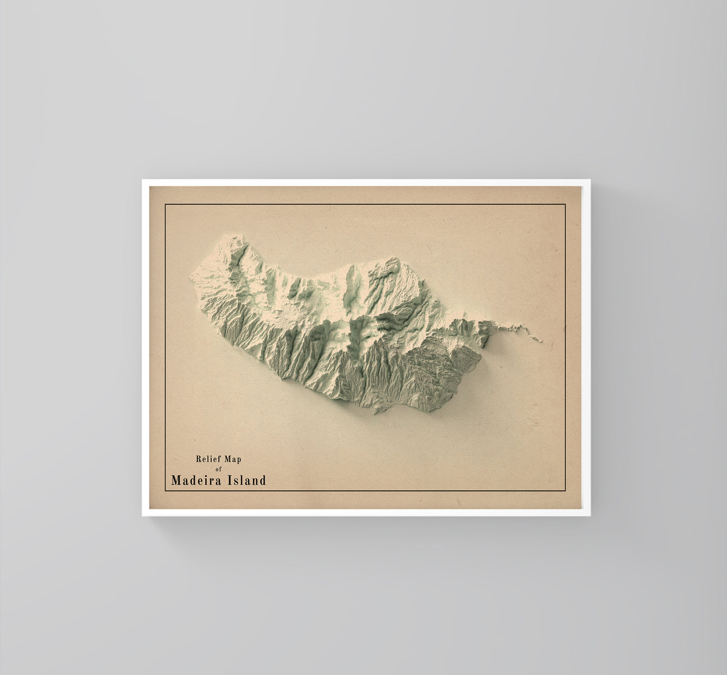Madeira Island (Portugal) vintage framed shaded relief map in white frame. Artistic print highlighting mountains with a realistic 3d effect