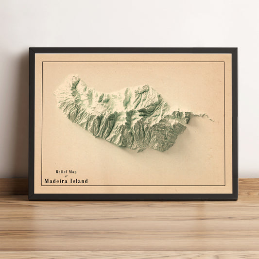 Madeira Island (Portugal) vintage framed shaded relief map in black frame. Artistic print highlighting mountains with a realistic terrain effect