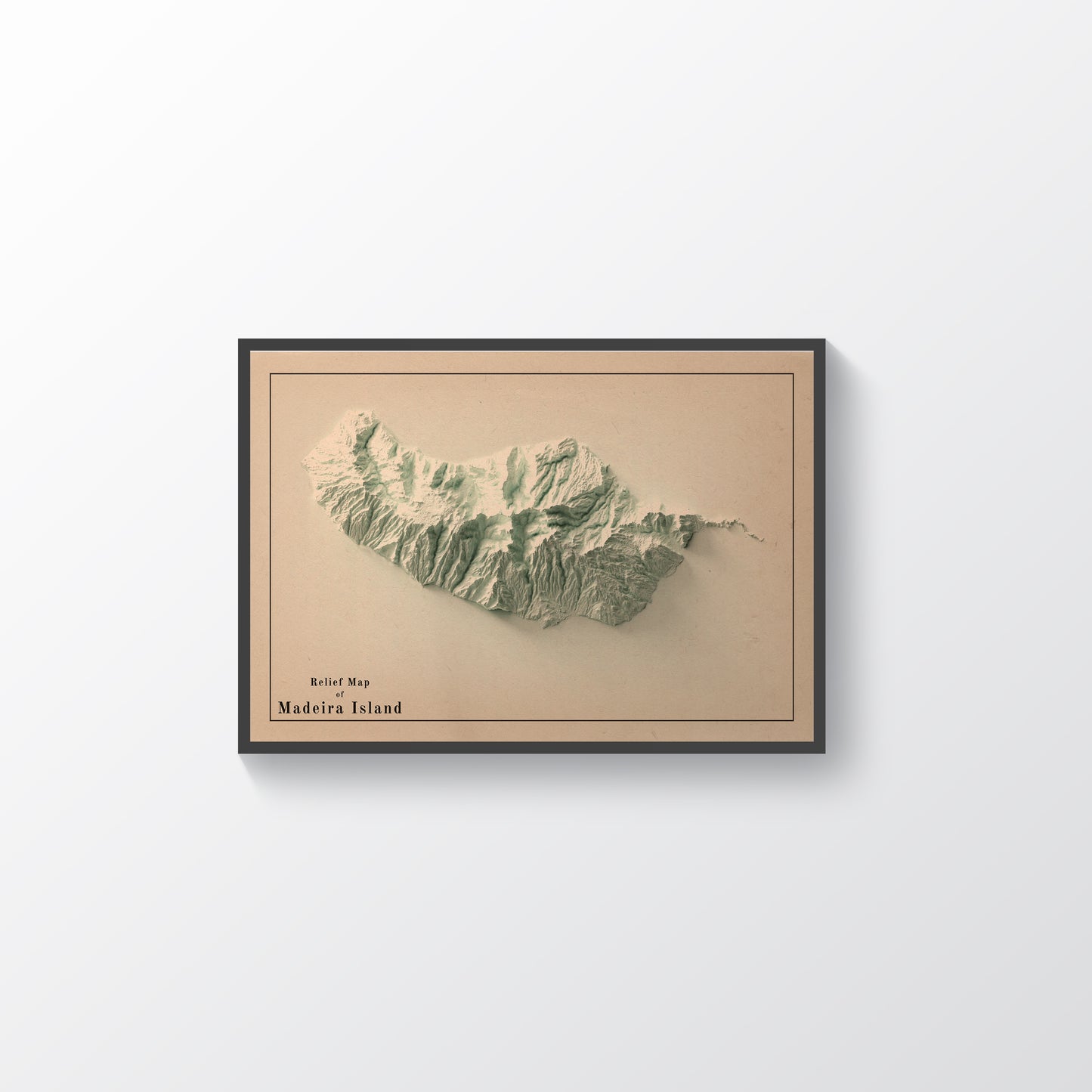 Madeira Island (Portugal) vintage framed shaded relief map in black frame. Artistic print highlighting mountains with a realistic terrain effect