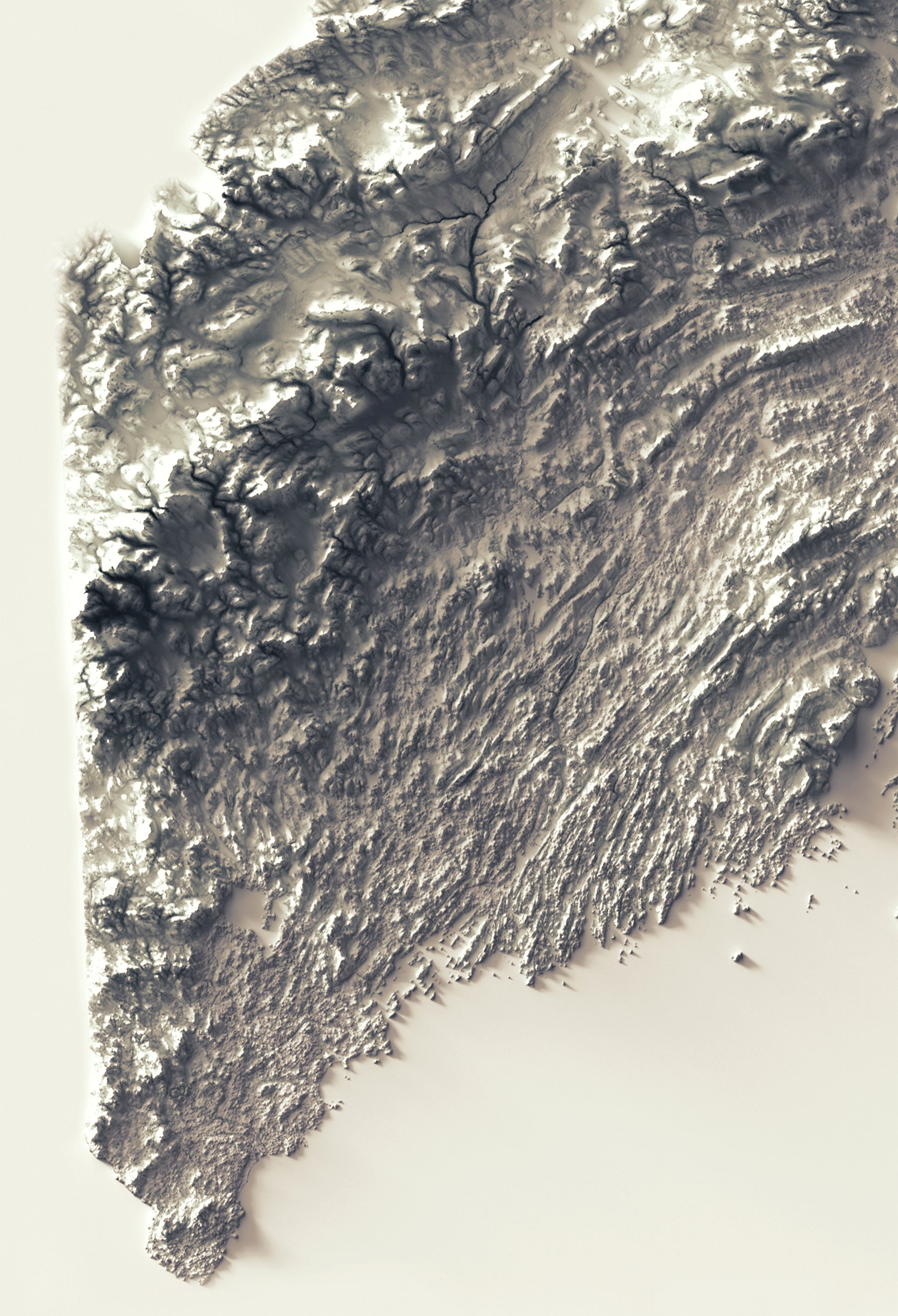 Detailed close-up of a Maine relief map, showcasing textured topography and geographic contours