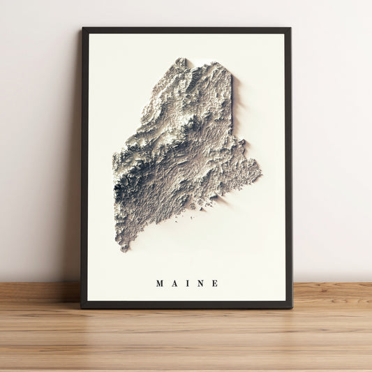 Maine (USA) framed shaded relief map in black frame. Artistic print highlighting mountains with a realistic terrain effect
