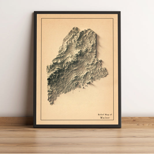 Maine (USA) vintage framed shaded relief map in black frame. Artistic print highlighting mountains with a realistic terrain effect