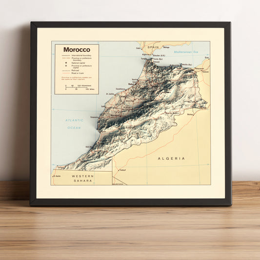 Morocco vintage framed shaded relief map in black frame. Artistic print highlighting mountains with a realistic terrain effect