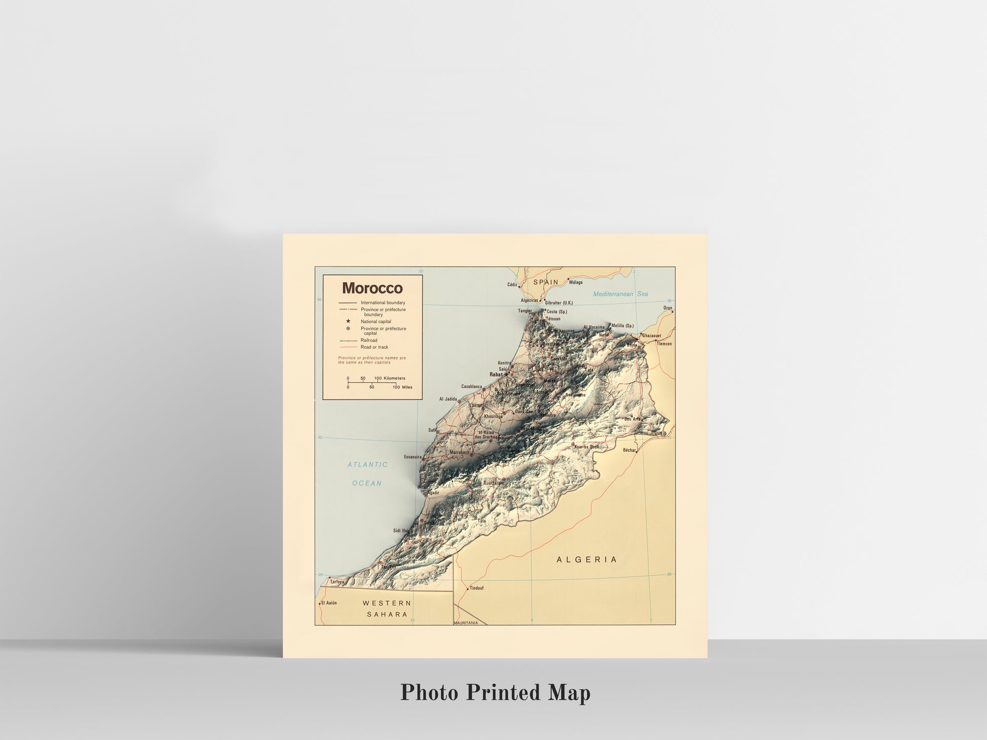 Morocco Shaded relief map print, highlighting topography. Ideal for home decor and geography lovers