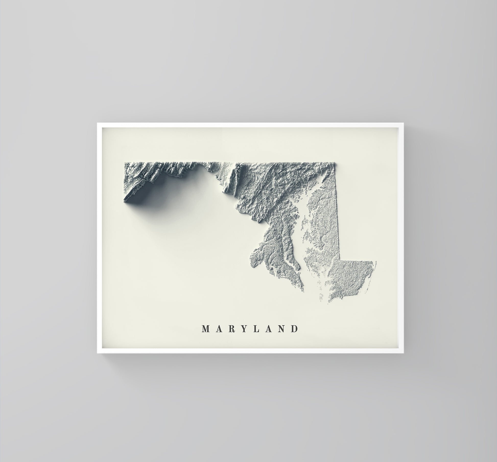 Maryland (USA) framed shaded relief map in white frame. Artistic print highlighting mountains with a realistic 3d effect