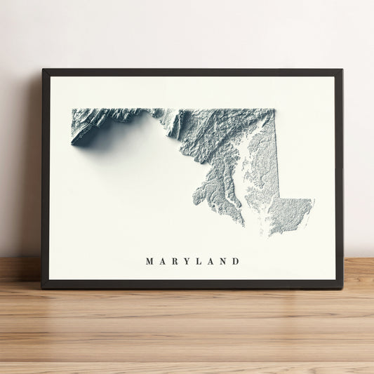 Maryland (USA) framed shaded relief map in black frame. Artistic print highlighting mountains with a realistic terrain effect