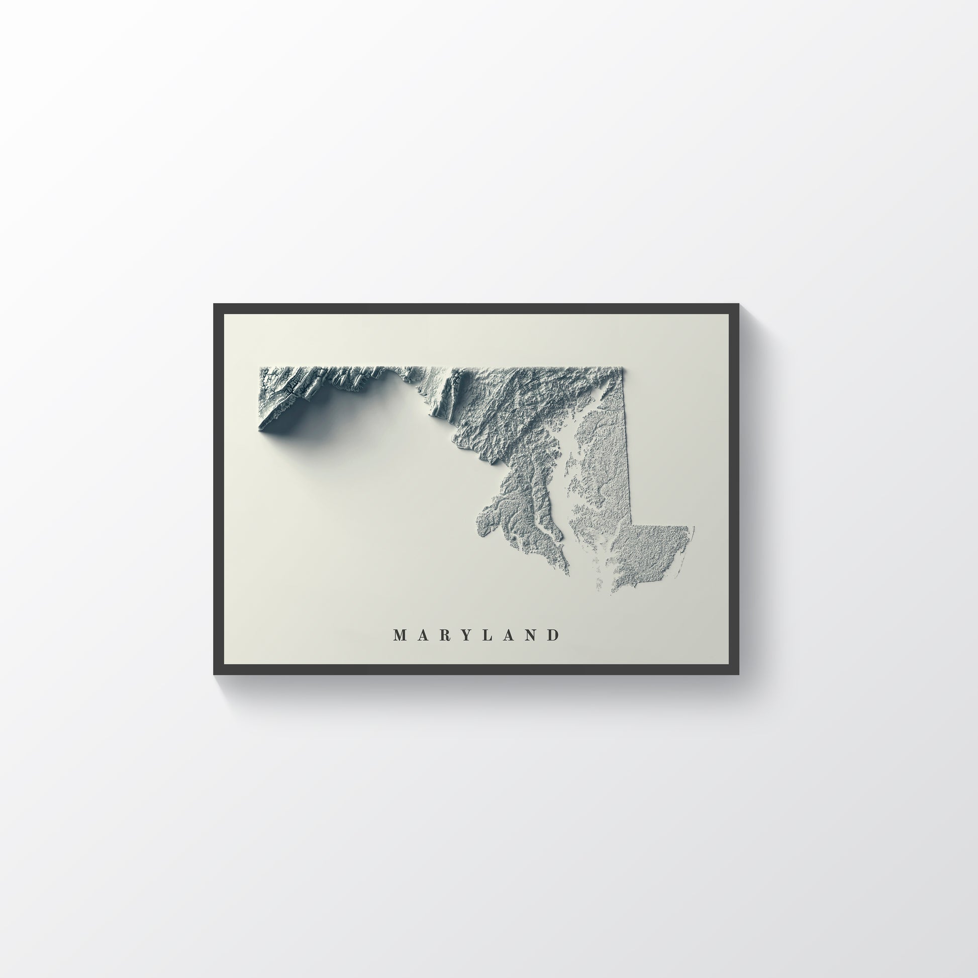 Maryland (USA) framed shaded relief map in black frame. Artistic print highlighting mountains with a realistic terrain effect