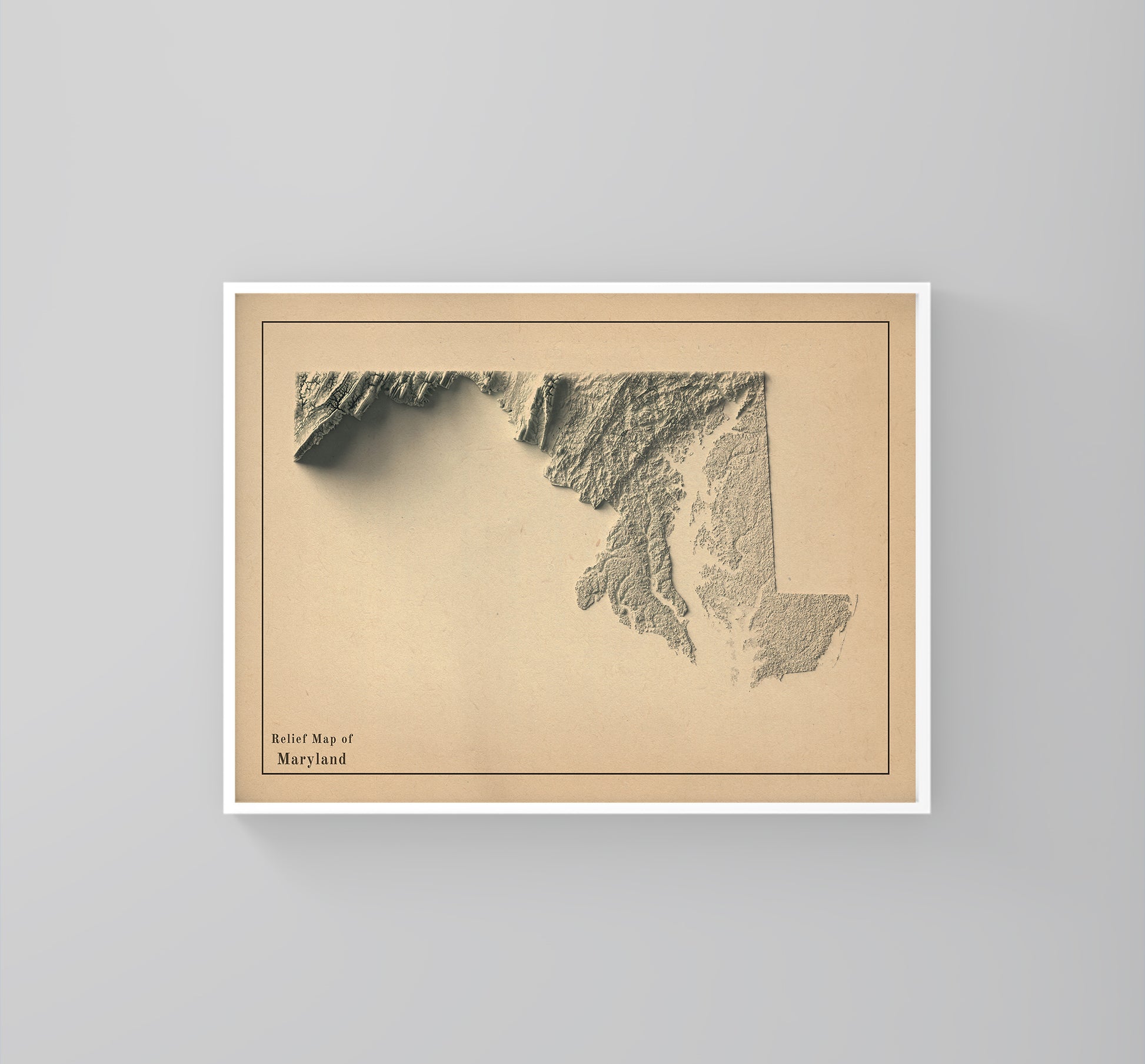 Maryland (USA) vintage framed shaded relief map in white frame. Artistic print highlighting mountains with a realistic 3d effect