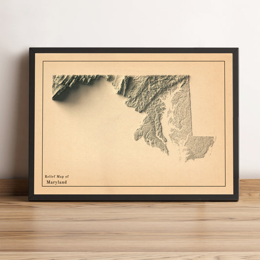Maryland (USA) vintage framed shaded relief map in black frame. Artistic print highlighting mountains with a realistic terrain effect