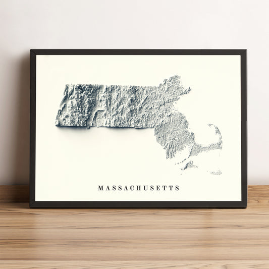 Massachusetts (USA) framed shaded relief map in black frame. Artistic print highlighting mountains with a realistic terrain effect